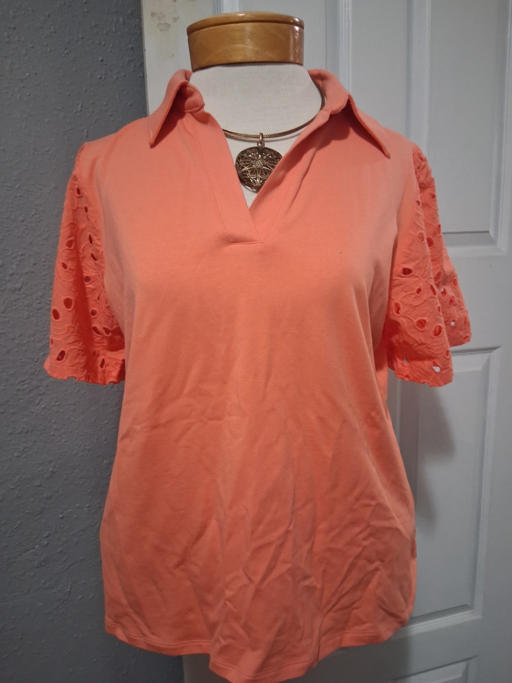 Karl Lagerfeld Coral Eyelet Short Sleeve Polo